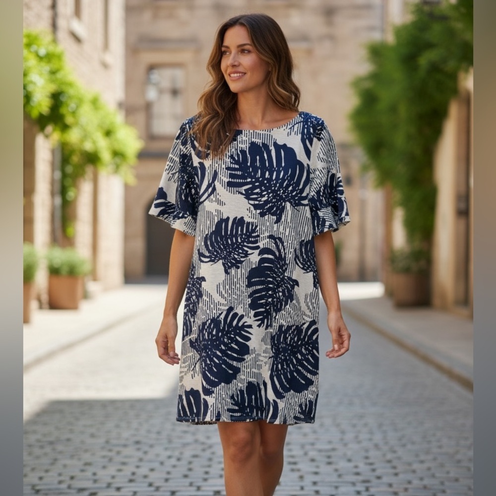 Tommy Bahama Navy Blue and White Tropical Palm Leaf Patterned Medium Dress